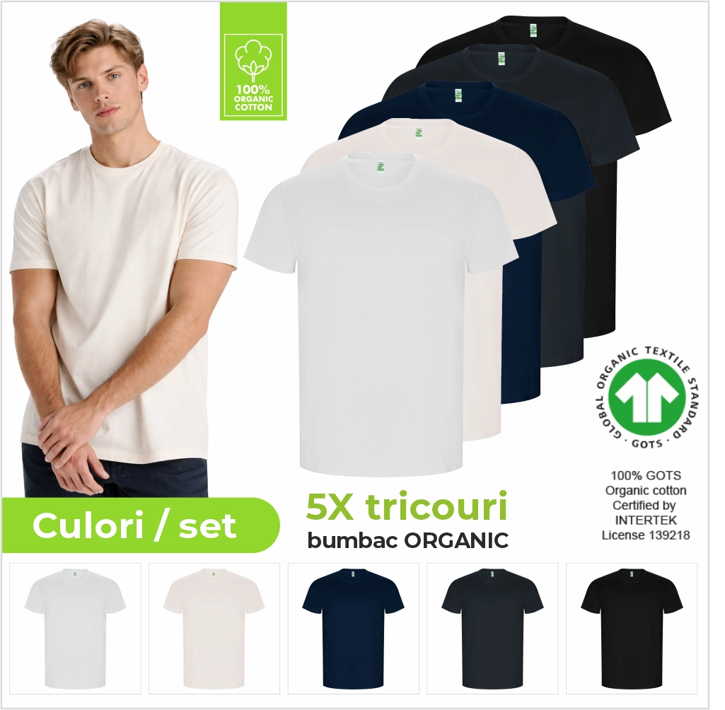 Set 5 tricouri bumbac 100% organic GOTS – Alb, Vintage, Marino, Abanos, Negru