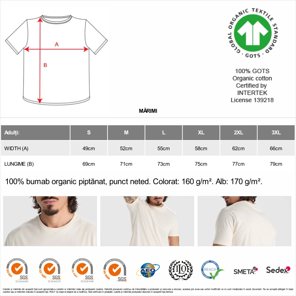 Set 3 Tricouri Bumbac 100% Organic (certificat GOTS) Bărbați – Alb Vintage, Mentă, Bleumarin