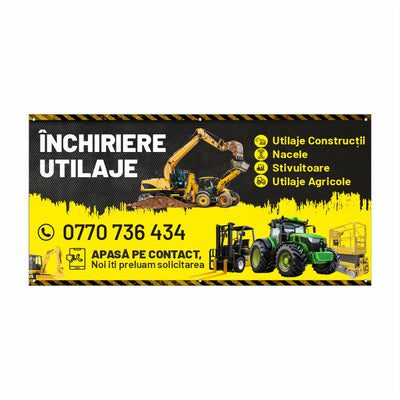 Banner Închiriere Utilaje Personalizat – Design Industrial, Tiv și Capse Incluse