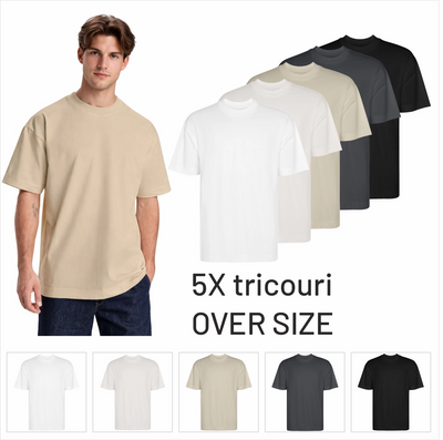 Set 5 tricouri oversize premium - bumbac 100% -  270g - culori diferite – Alb, Vintage, Nisipiu, Abanos, Negru