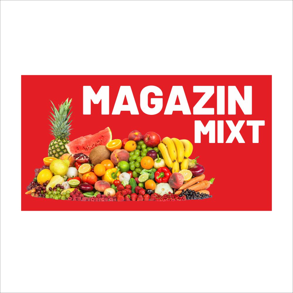 Banner Magazin Mixt Personalizat – Fundal Roșu Impact, Tiv și Capse Incluse
