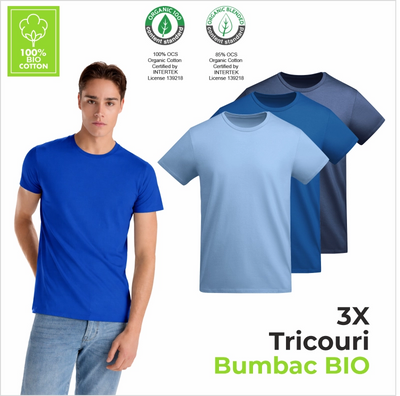 Set 3 Tricouri Bărbați Bumbac 100% BIO (certificat ) – Albastru celest, Albastru Royal, Bleumarin