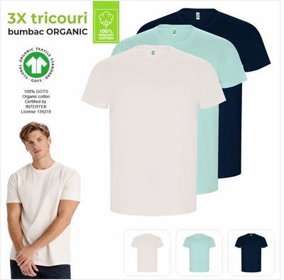 Set 3 Tricouri Bumbac 100% Organic (certificat GOTS) Bărbați – Alb Vintage, Mentă, Bleumarin