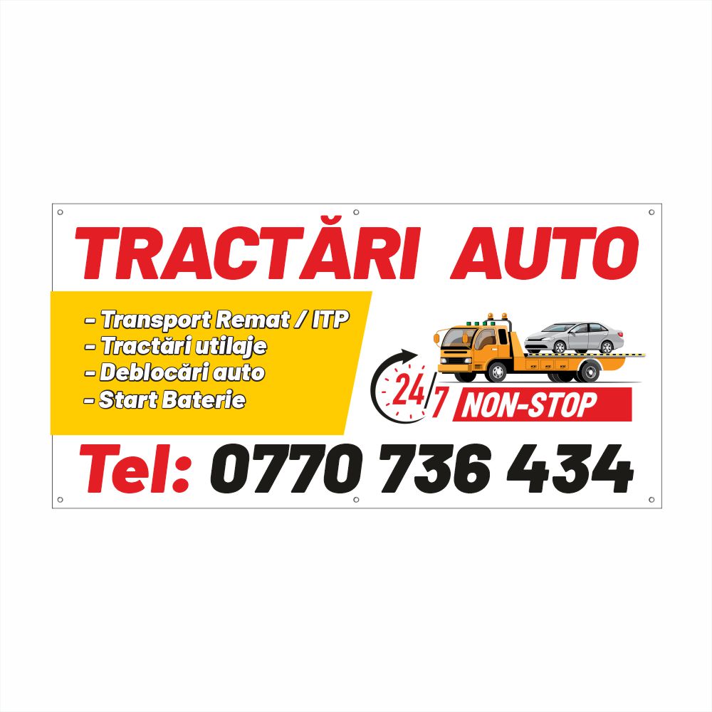 Banner Tractări Auto 24/7 cu Tiv și Capse Incluse – Non-Stop